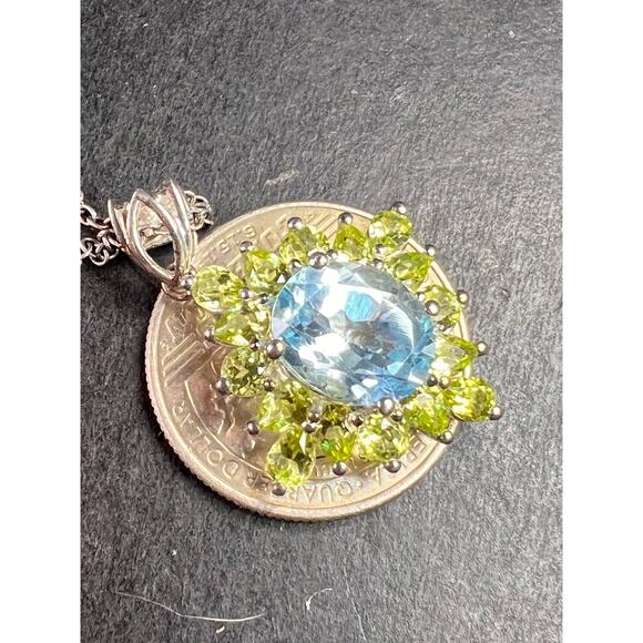Vintage Blue Topaz & Peridot Sunburst Pendant Necklace – HT Sterling Silver - Picture 15 of 16